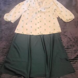 Nine West Patterned White Blouse and Green Skirt Set